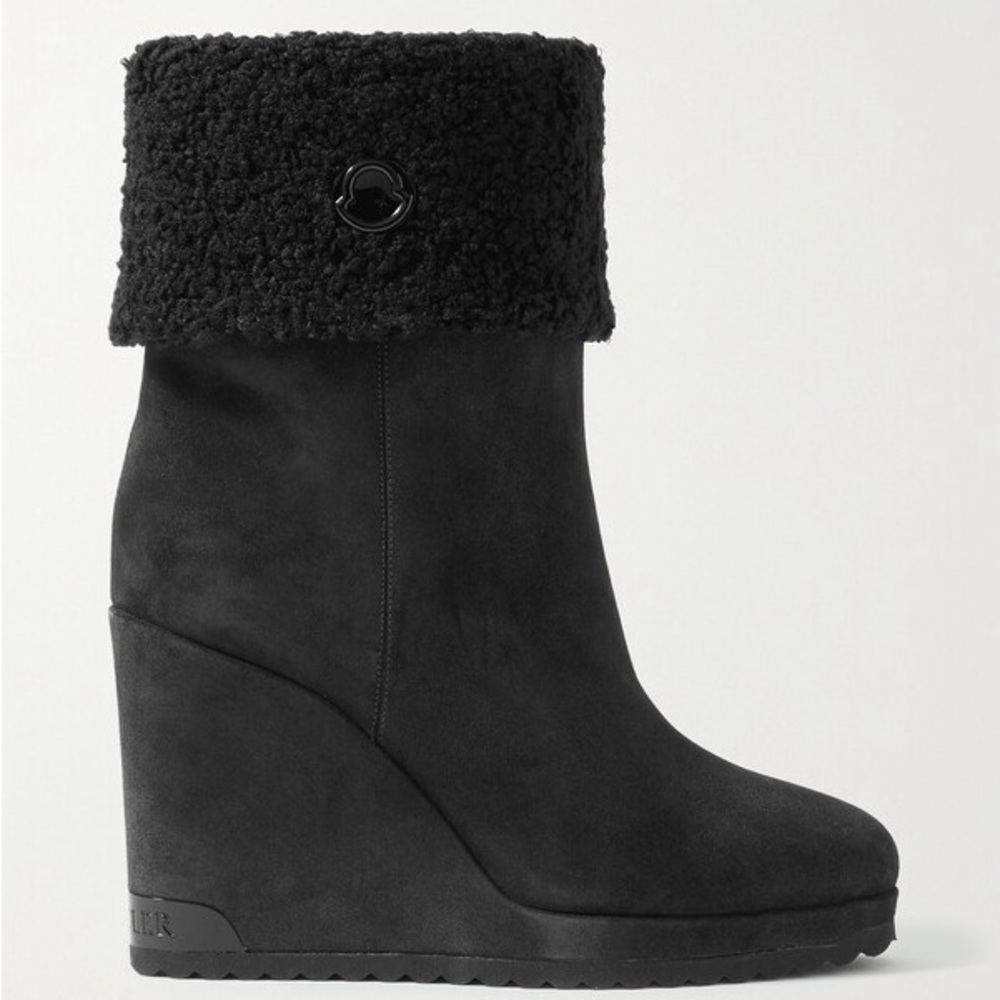 NEW IN BOX Moncler W Short Shearling Suede Wedge Ankle Boots Size 7